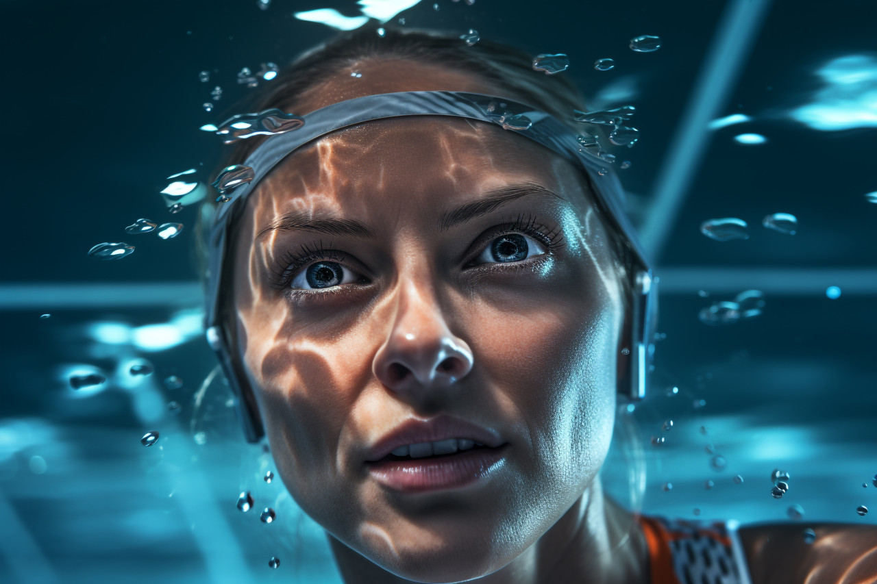 Photo of an athlete swimming underwater in a pool, indoor sports and leisure activities images