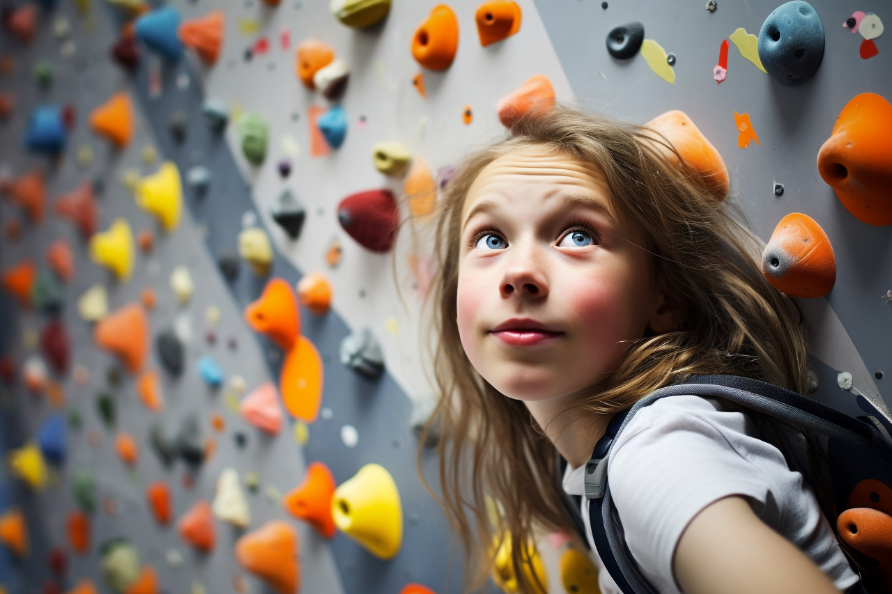 A picture of a young girl climbing indoors on a wall with handholds, indoor sports and leisure activities images