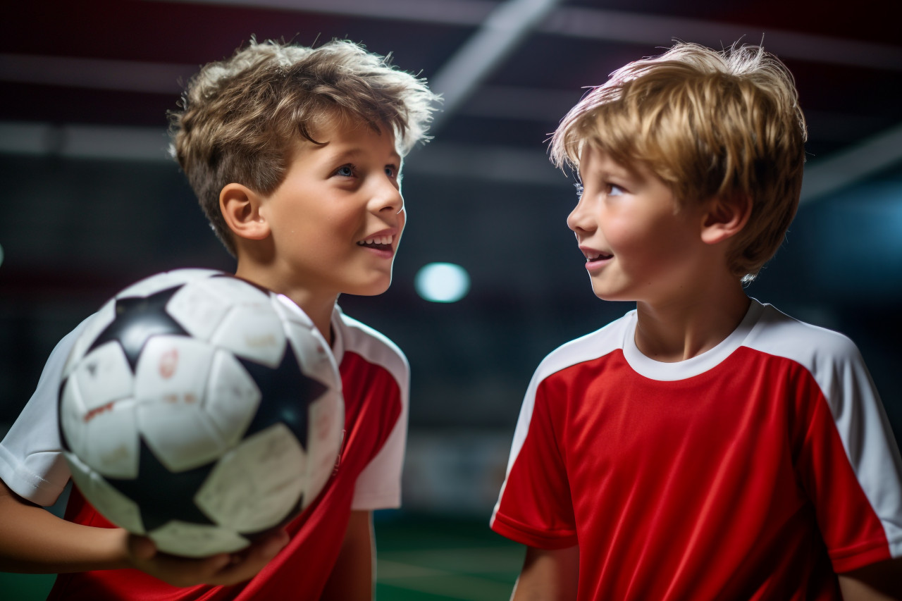 A picture of two athletic young boys playing in the goalposts on an indoor basketball court, indoor sports and leisure activities images