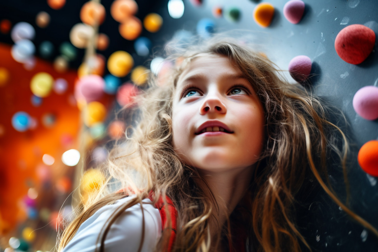 A picture of a young girl climbing indoors on a wall with handholds, indoor sports and leisure activities images