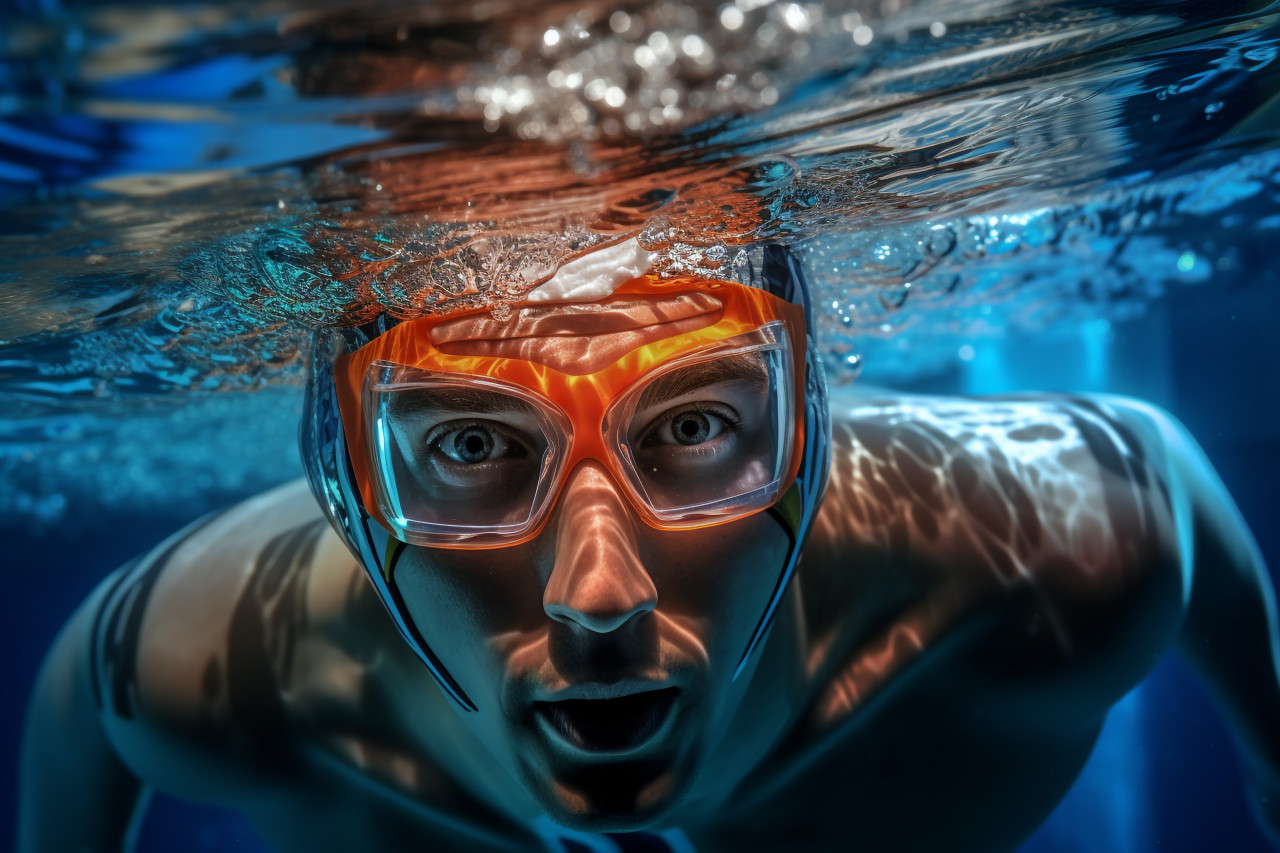 Photo of an athlete swimming underwater in a pool, indoor sports and leisure activities images