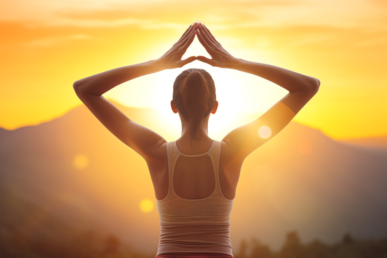 A photo from behind of a young woman in a tank top, standing with her arms up in a sunny yoga, indoor sports and leisure activities images
