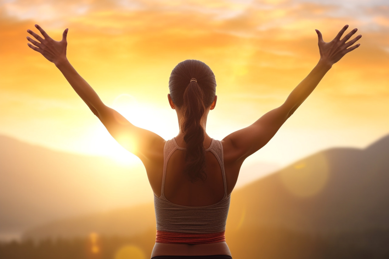 A photo from behind of a young woman in a tank top, standing with her arms up in a sunny yoga, indoor sports and leisure activities images
