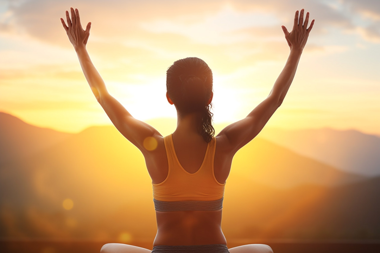 A photo from behind of a young woman in a tank top, standing with her arms up in a sunny yoga, indoor sports and leisure activities images