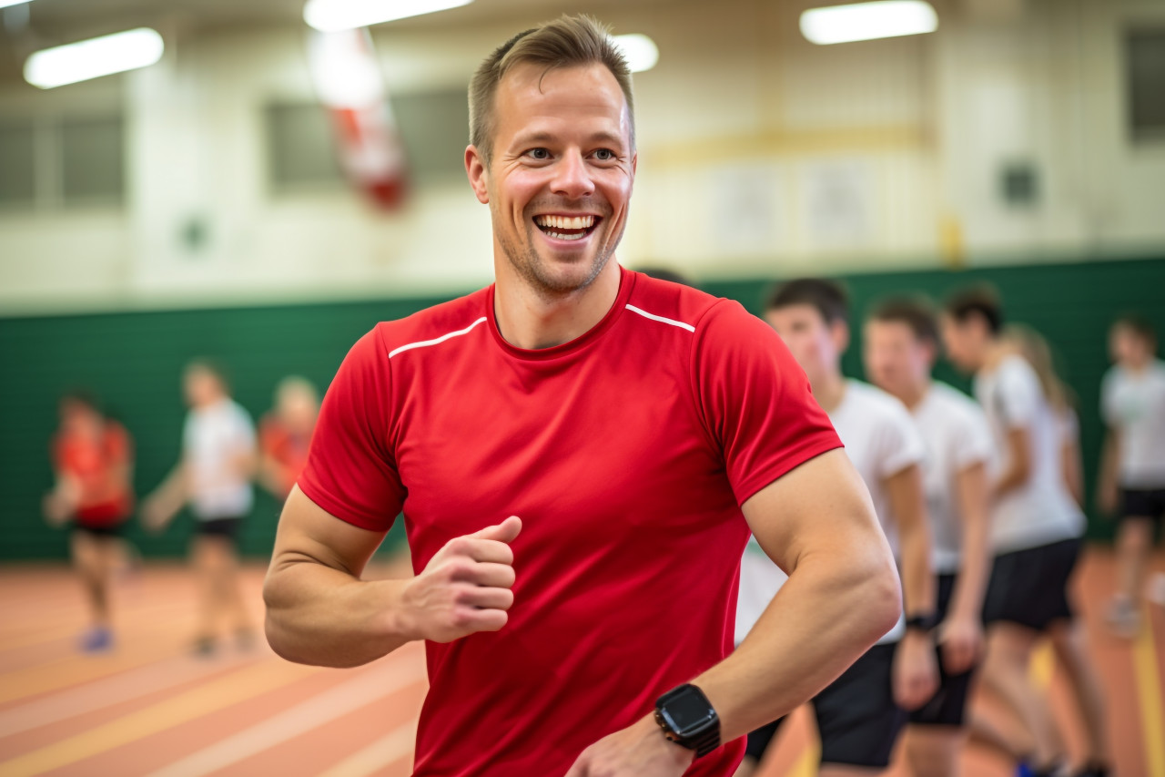 A picture of a young, happy coach using a stopwatch during physical education class at a school gym, while looking at the camera, indoor sports and leisure activities images