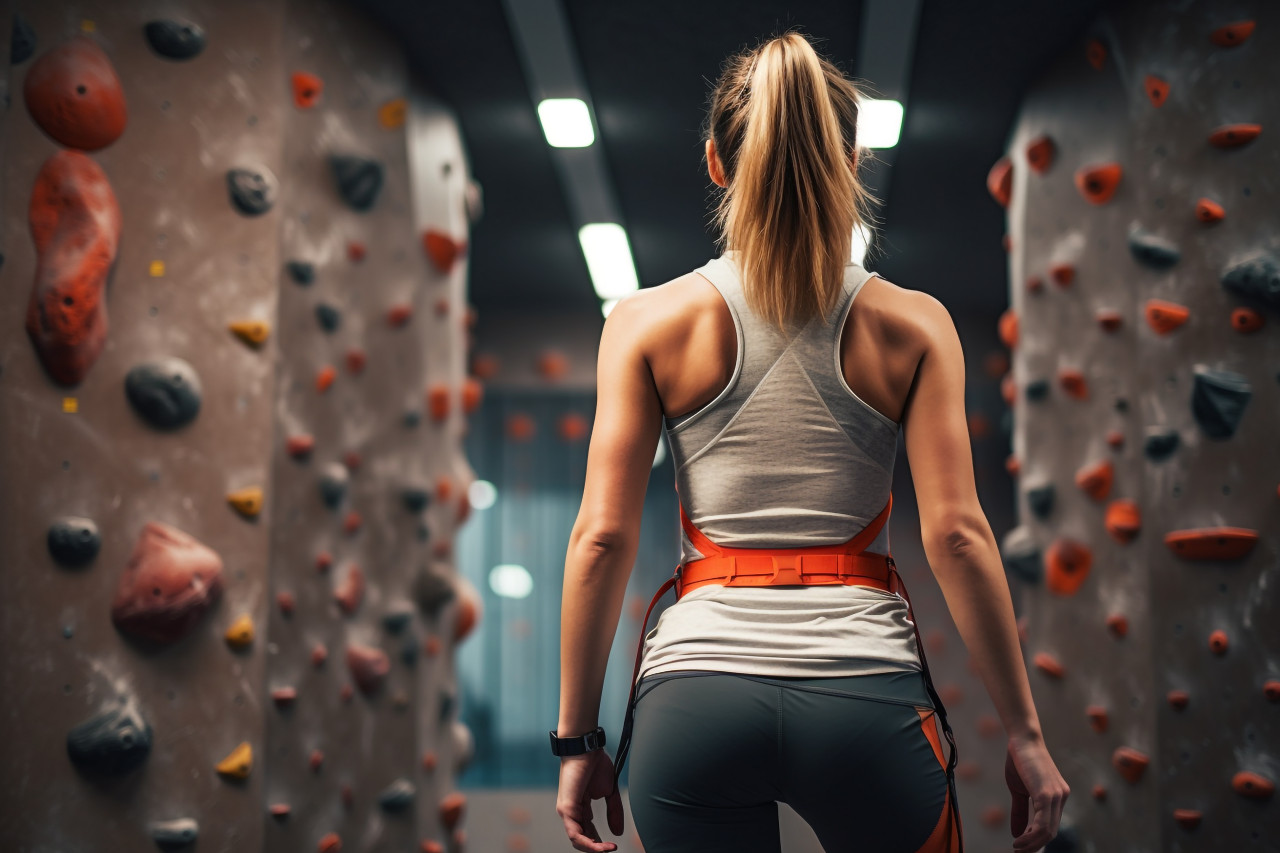 A photo of a woman climbing indoors, seen from behind, indoor sports and leisure activities images