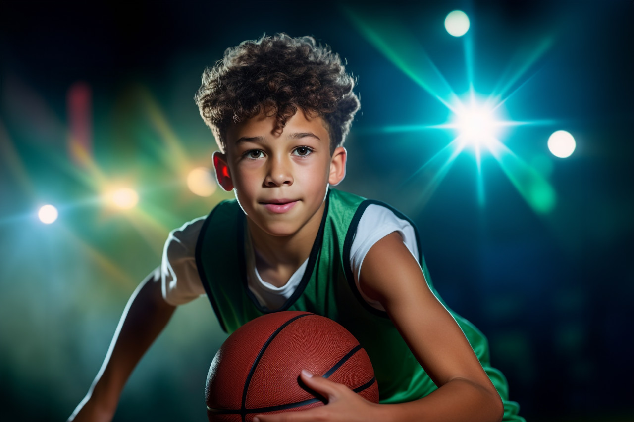 Picture of a young basketball player dribbling the ball, indoor sports and leisure activities images