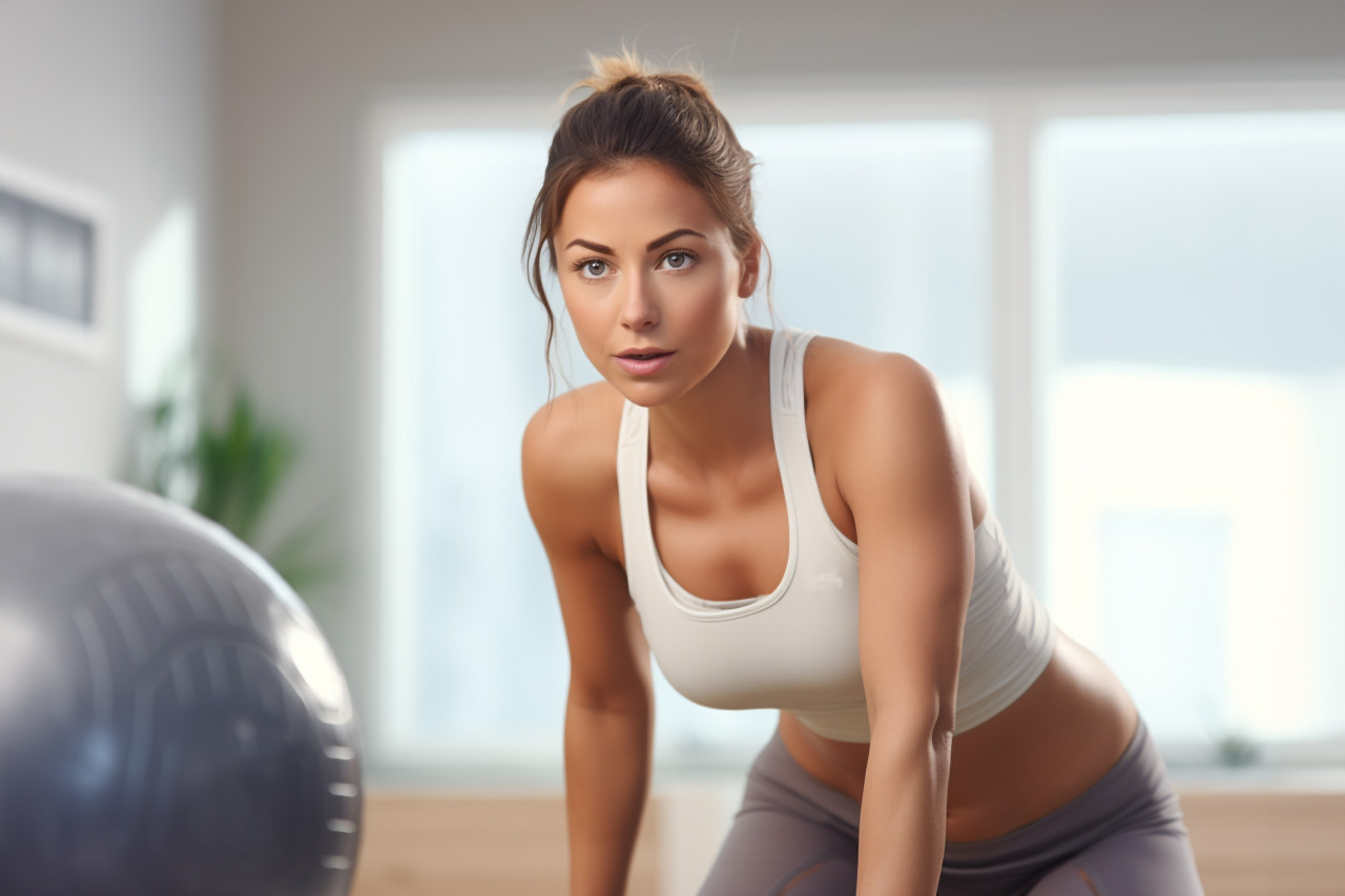 A photo of attractive people exercising in a well lit room, indoor sports and leisure activities images