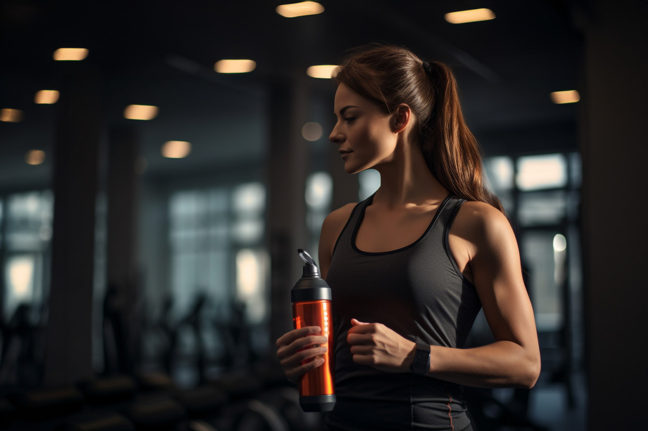 A photo of a woman working out in a gym, taking a break, and holding a protein shake bottle, indoor sports and leisure activities images
