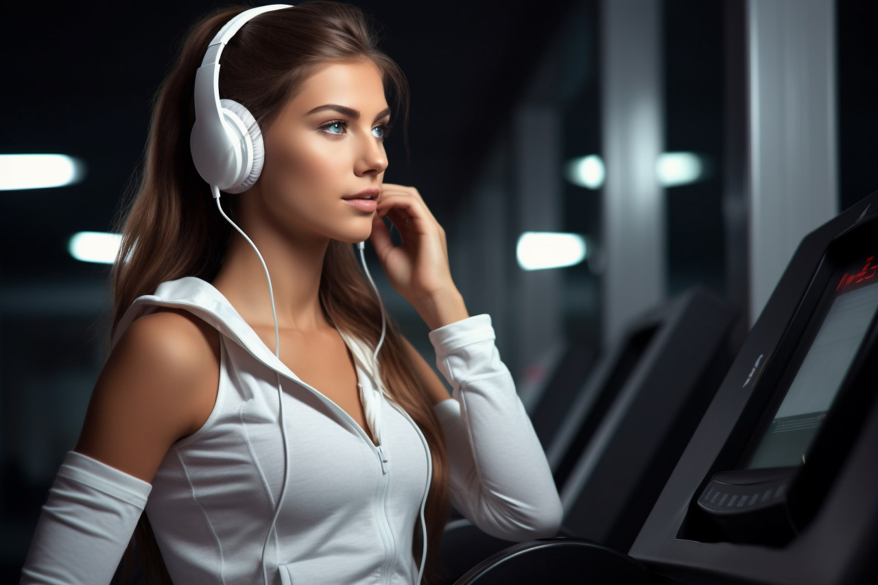 A photo of a young, thin, athletic caucasian woman in white sportswear wearing earphones and listening to music, indoor sports and leisure activities images