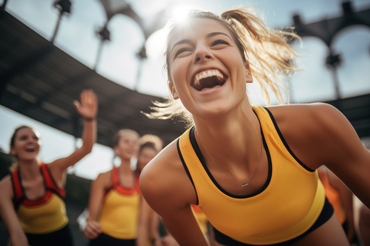 A photo of female athletes looking happy and having fun on a sports court, taken from below, indoor sports and leisure activities images