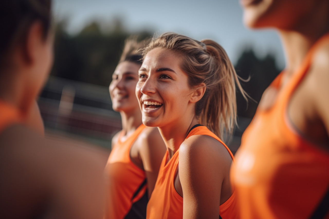 A photo of female athletes looking happy and having fun on a sports court, taken from below, indoor sports and leisure activities images