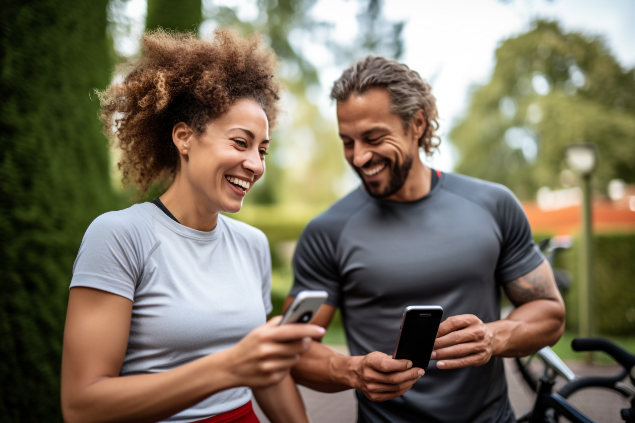 A photo of a happy couple using a smartphone to exercise at home, indoor sports and leisure activities images