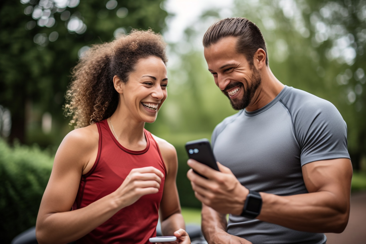 A photo of a happy couple using a smartphone to exercise at home, indoor sports and leisure activities images