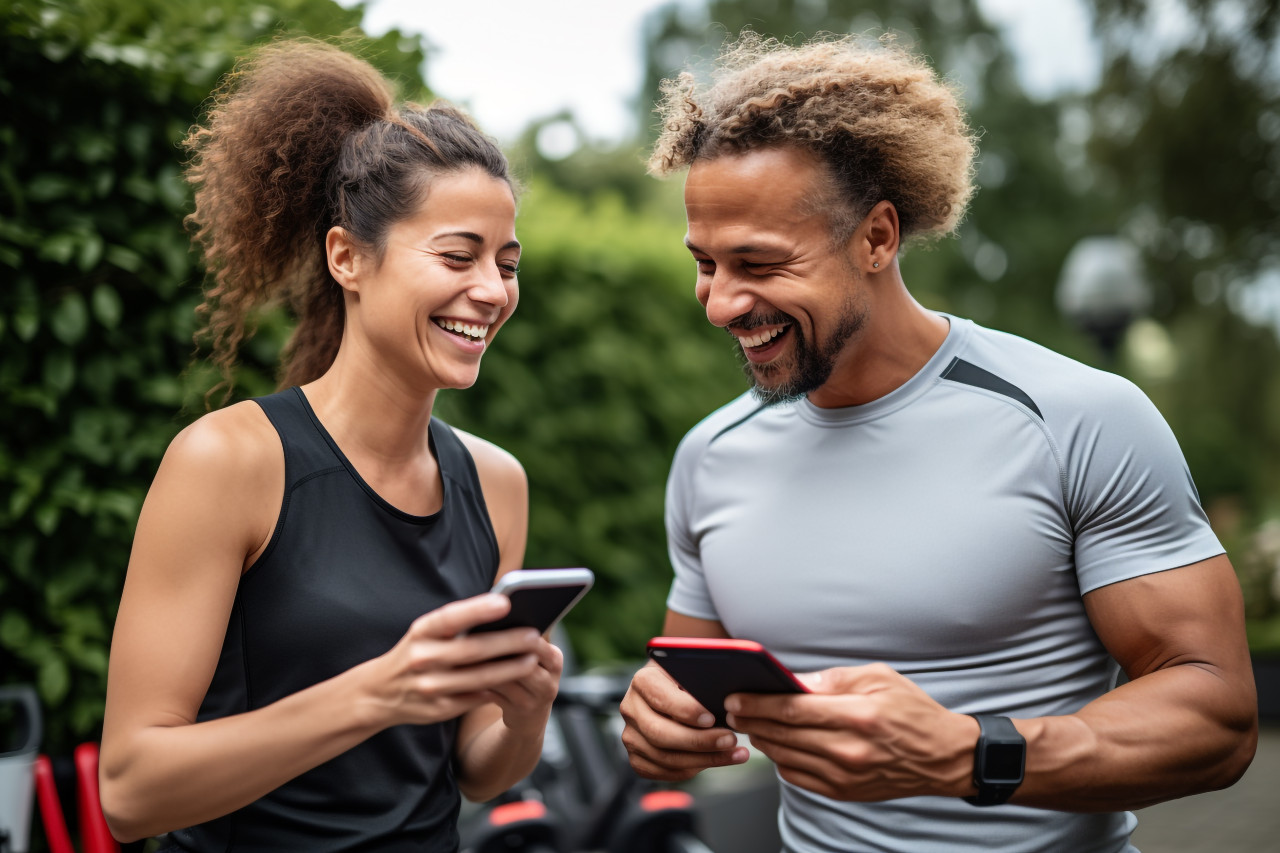 A photo of a happy couple using a smartphone to exercise at home, indoor sports and leisure activities images