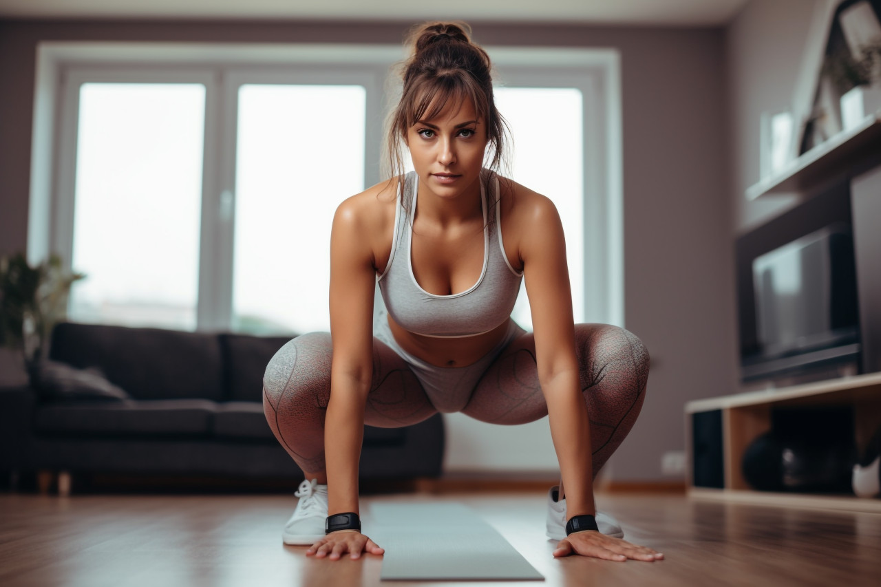 A picture of a fit woman in workout clothes doing stretching exercises at home in the living room, indoor sports and leisure activities images