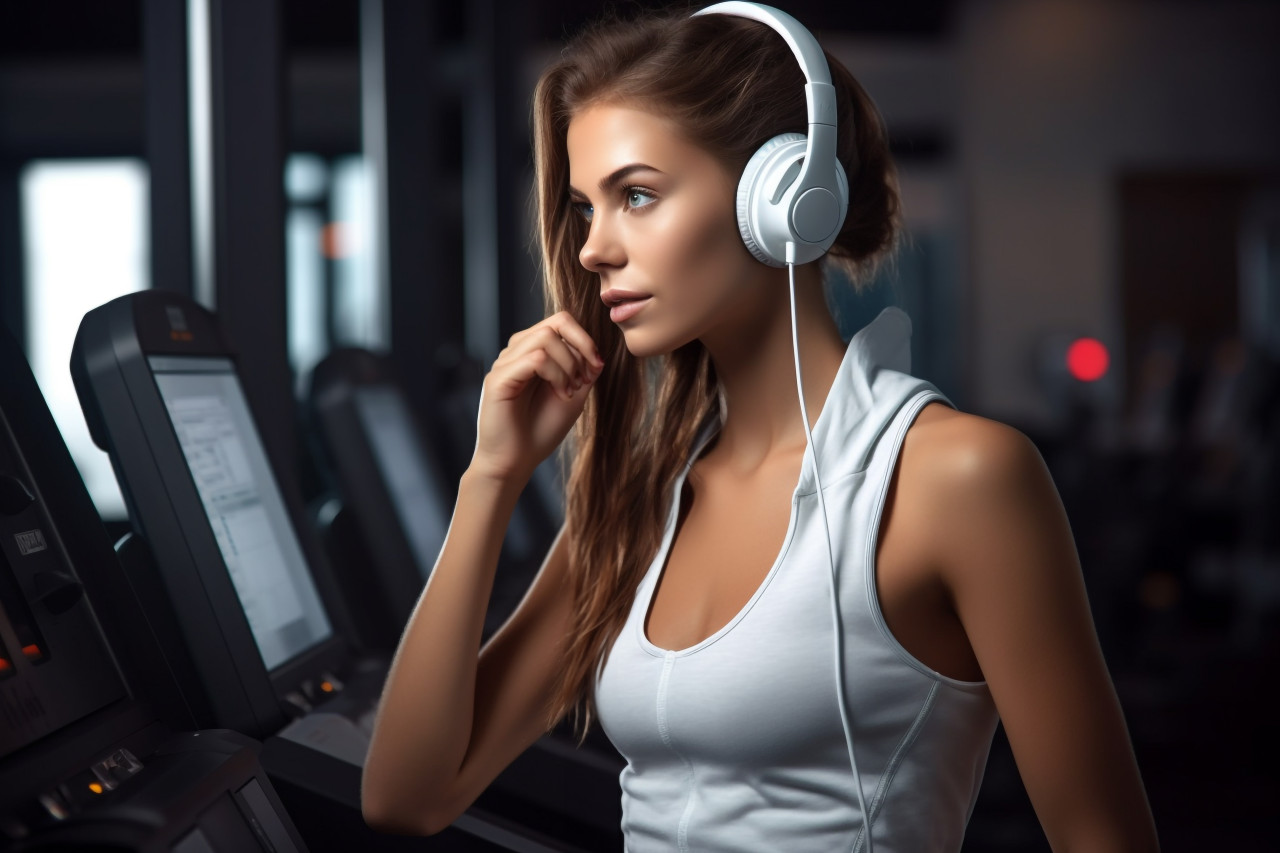 A photo of a young, thin, athletic caucasian woman in white sportswear wearing earphones and listening to music, indoor sports and leisure activities images