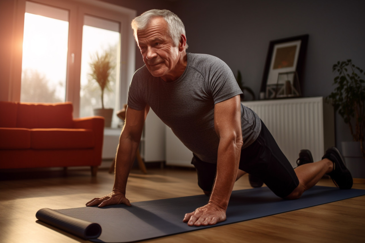 A photo of a muscular and healthy older man working out on a yoga mat at home in the morning, indoor sports and leisure activities images