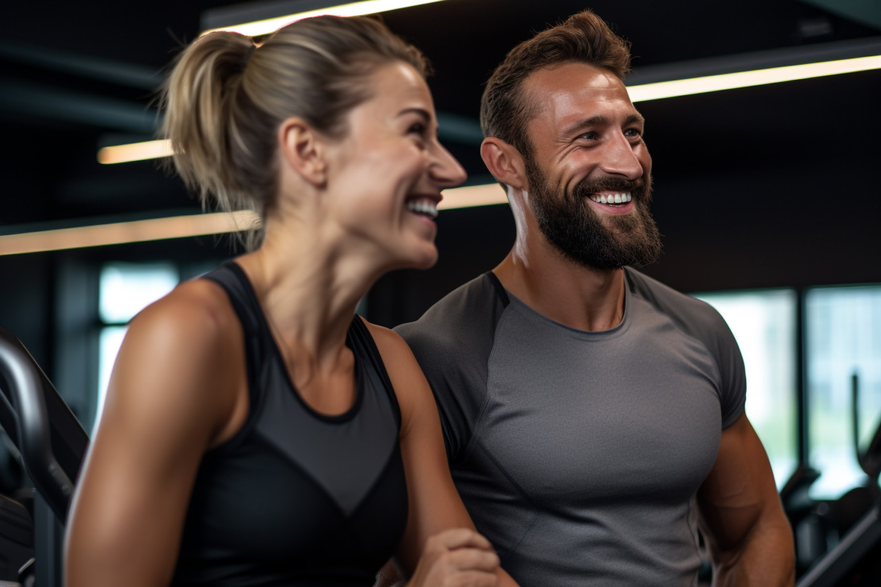 A picture of a fit couple showing off their muscles after exercising at the gym and smiling at the camera, indoor sports and leisure activities images