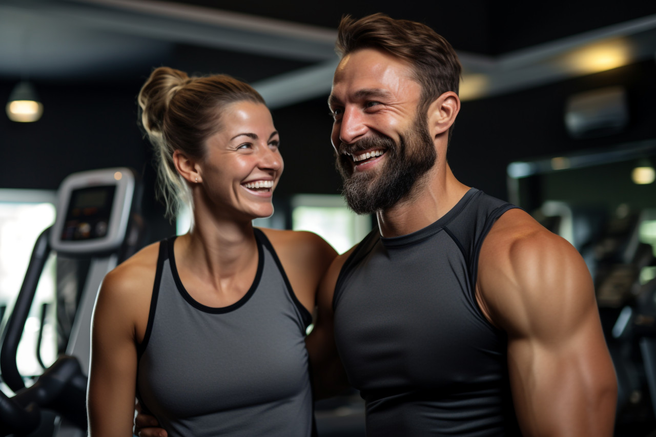 A picture of a fit couple showing off their muscles after exercising at the gym and smiling at the camera, indoor sports and leisure activities images
