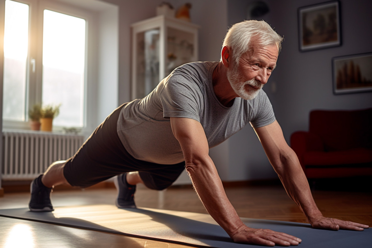 A photo of a muscular and healthy older man working out on a yoga mat at home in the morning, indoor sports and leisure activities images