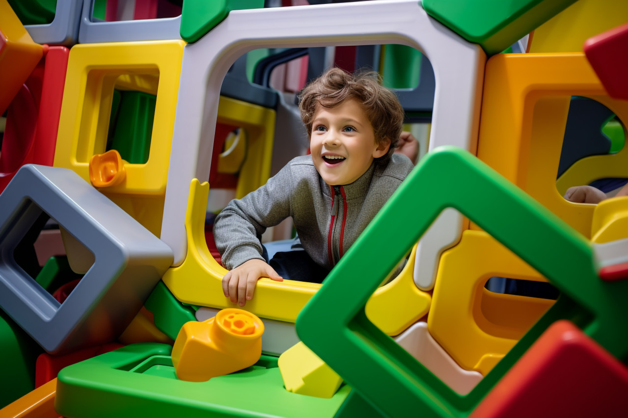 A photo of children riding down slides in an indoor playground, indoor sports and leisure activities images