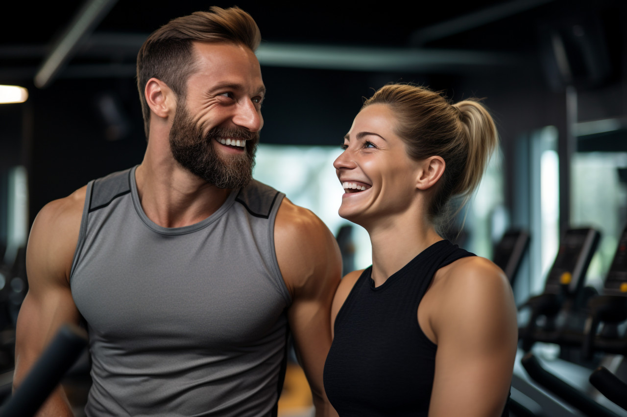 A picture of a fit couple showing off their muscles after exercising at the gym and smiling at the camera, indoor sports and leisure activities images