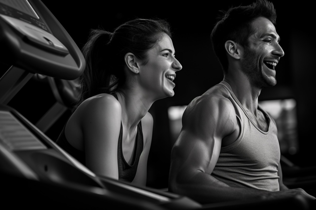 A photo of a happy young couple laughing and resting on a treadmill after exercising at the gym, indoor sports and leisure activities images