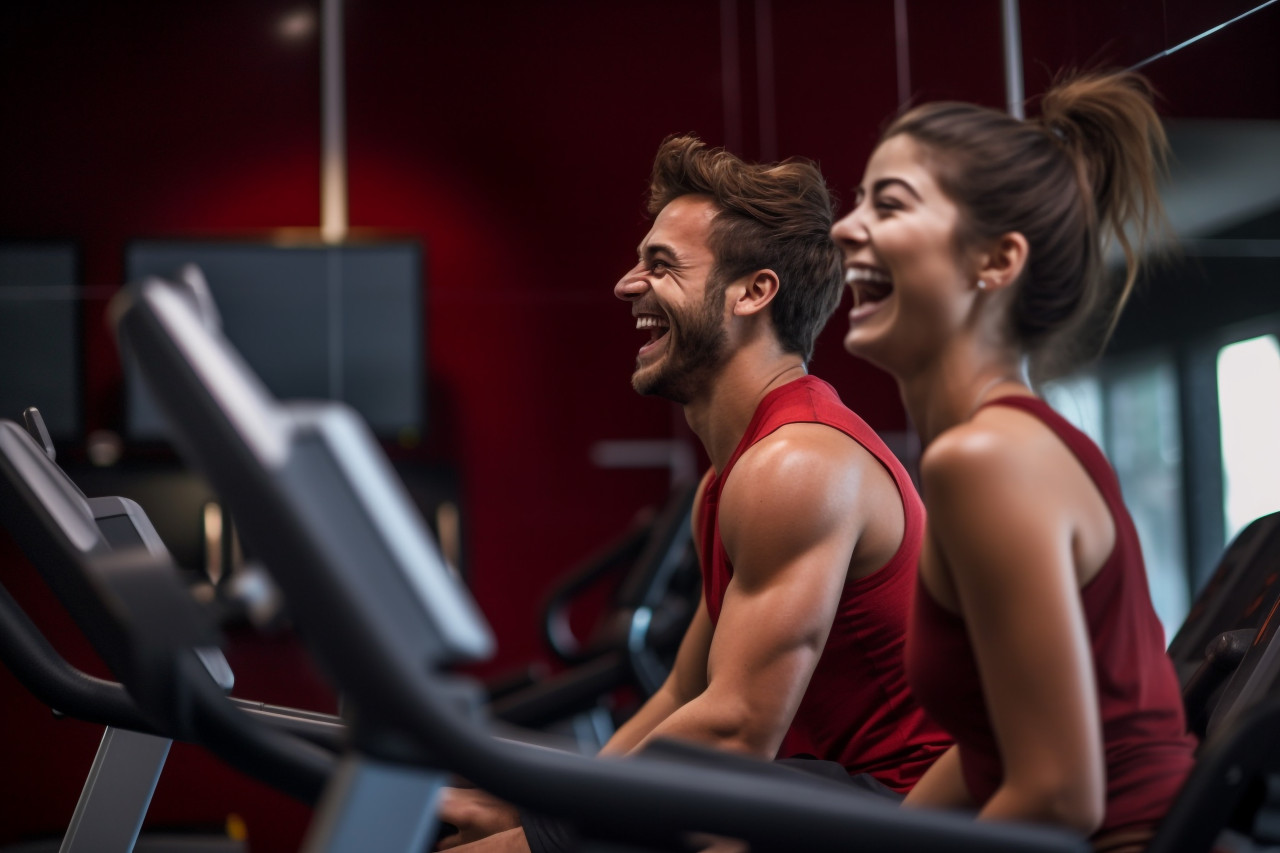 A photo of a happy young couple laughing and resting on a treadmill after exercising at the gym, indoor sports and leisure activities images