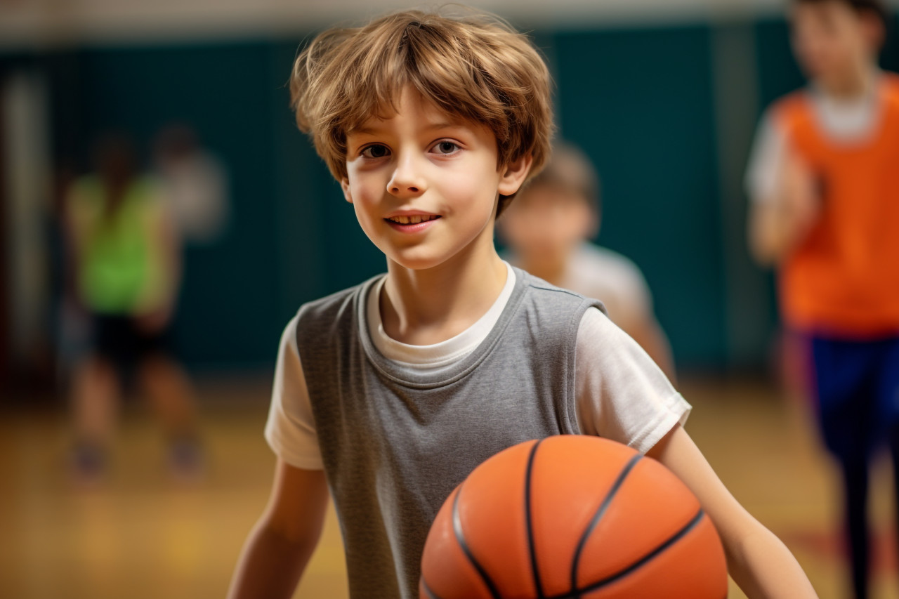 A picture of a young school child dribbling a basketball in gym class, indoor sports and leisure activities images