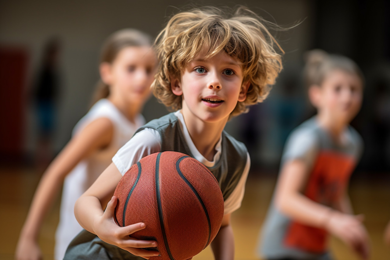 A picture of a young school child dribbling a basketball in gym class, indoor sports and leisure activities images