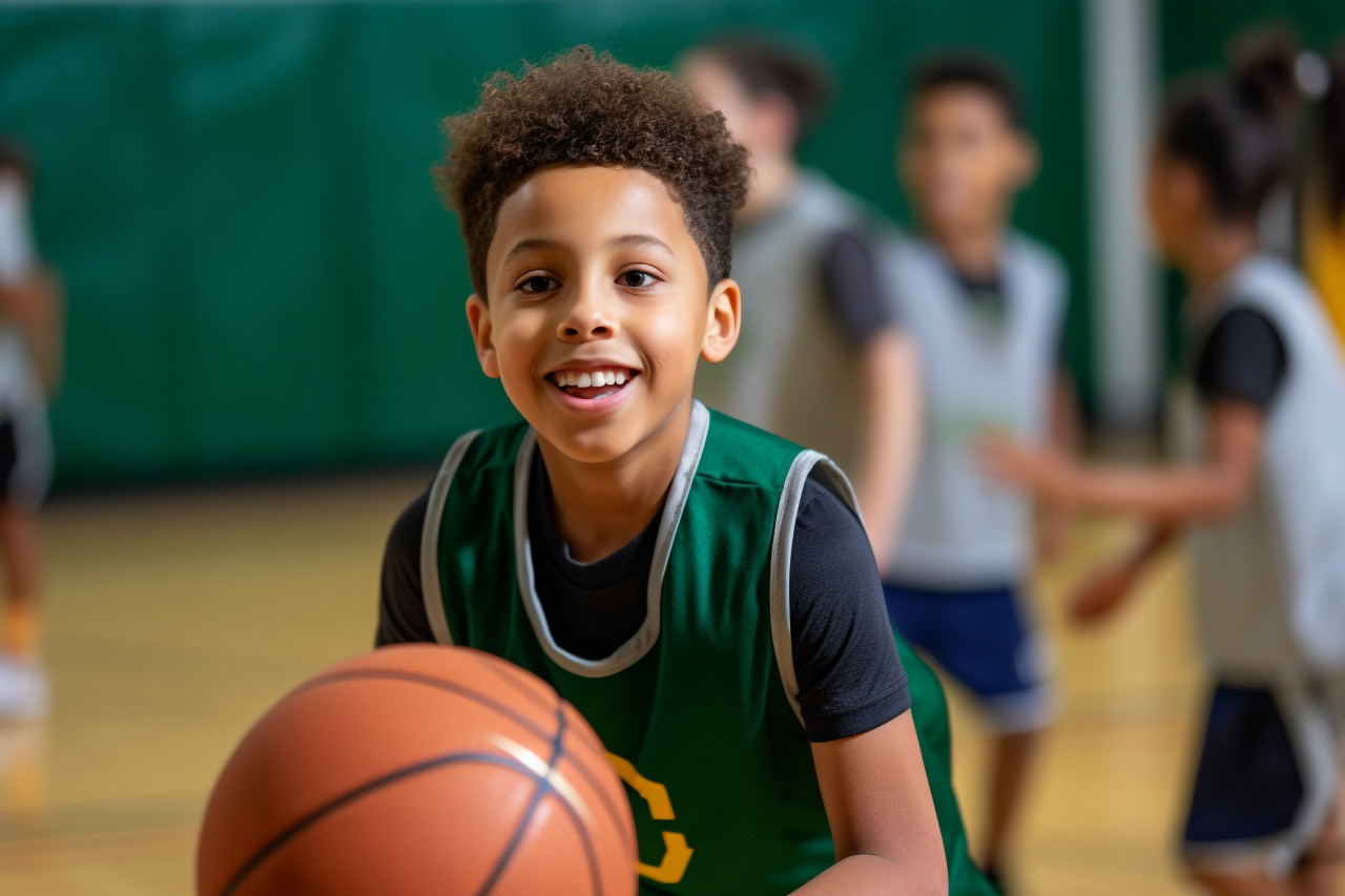 A picture of a young school child dribbling a basketball in gym class, indoor sports and leisure activities images