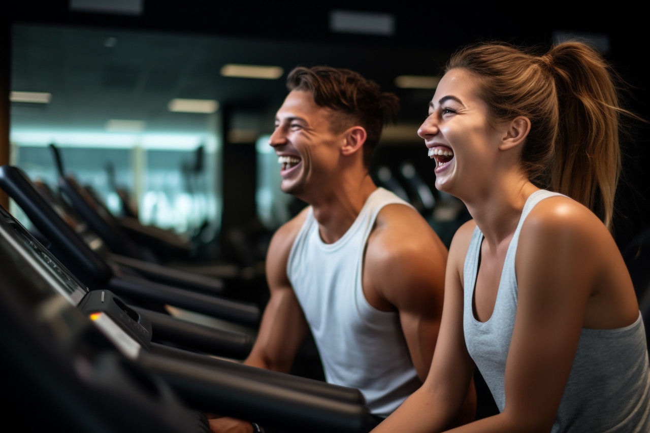 A photo of a happy young couple laughing and resting on a treadmill after exercising at the gym, indoor sports and leisure activities images
