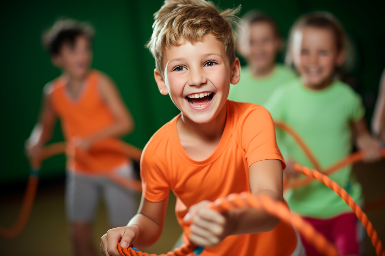 A picture of happy children wearing gym clothes pulling on a rope in a gym, indoor sports and leisure activities images