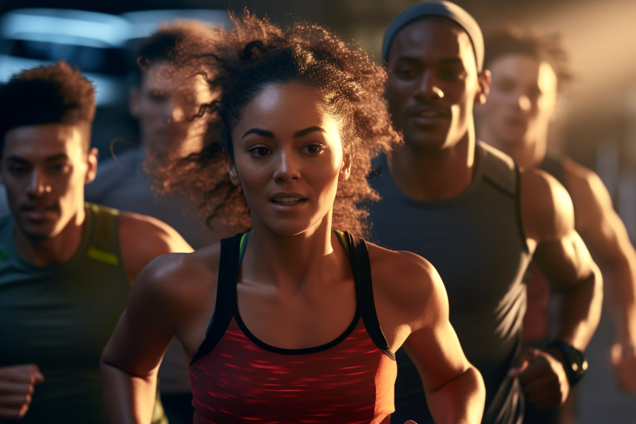 A photo of a group of different runners running fast in a parking garage, with the sun shining through a window behind them, indoor sports and leisure activities images