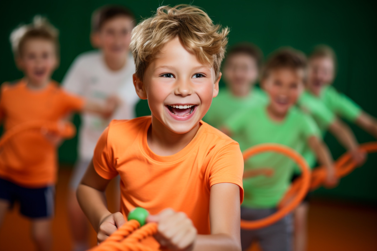 A picture of happy children wearing gym clothes pulling on a rope in a gym, indoor sports and leisure activities images