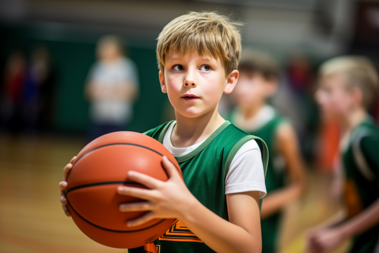 A picture of a young boy playing basketball in a gym, indoor sports and leisure activities images