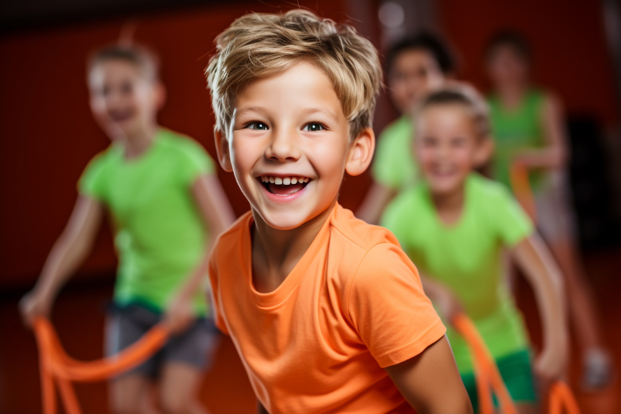 A picture of happy children wearing gym clothes pulling on a rope in a gym, indoor sports and leisure activities images