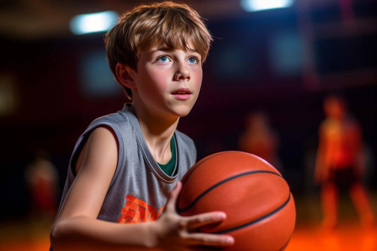 A picture of a young boy playing basketball in a gym, indoor sports and leisure activities images