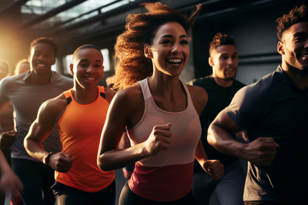 A photo of a group of different runners running fast in a parking garage, with the sun shining through a window behind them, indoor sports and leisure activities images