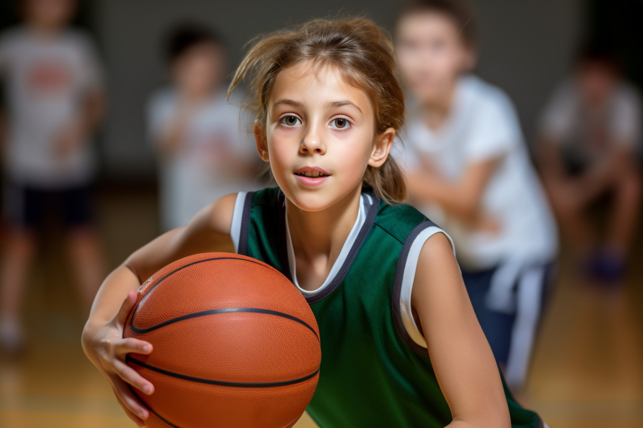 A picture of a young school child dribbling a basketball in gym class, indoor sports and leisure activities images