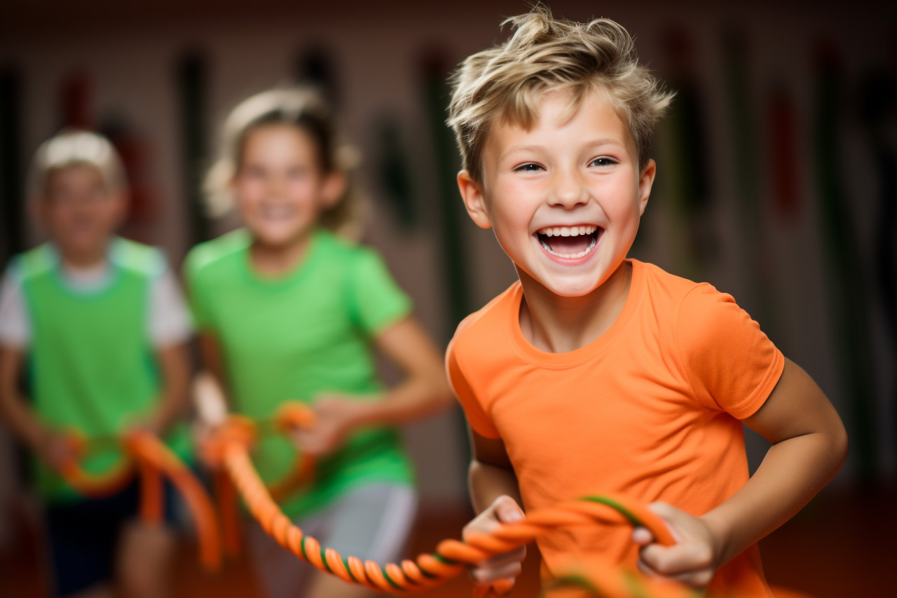 A picture of happy children wearing gym clothes pulling on a rope in a gym, indoor sports and leisure activities images
