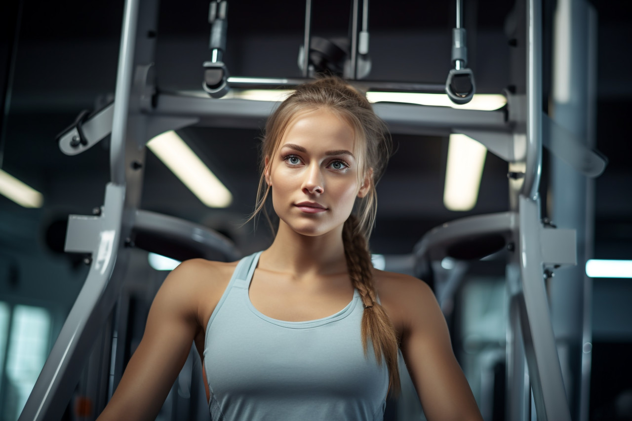 A photo of a beautiful young woman working out on special sports equipment in a gym, indoor sports and leisure activities images