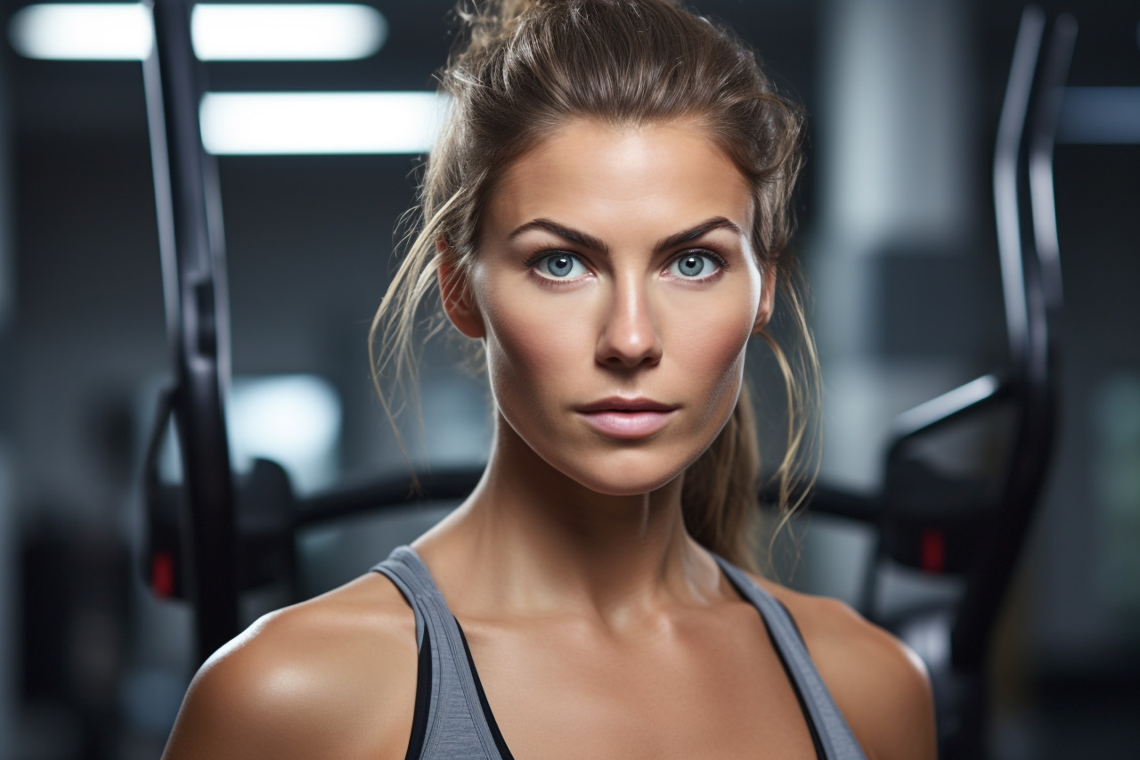A close up photo of a fit and attractive woman in a gym, indoor sports and leisure activities images