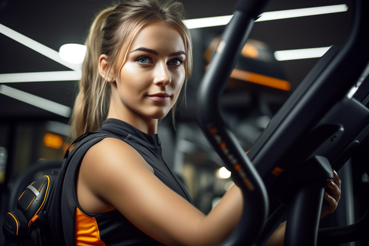 A photo of a beautiful young woman working out on special sports equipment in a gym, indoor sports and leisure activities images