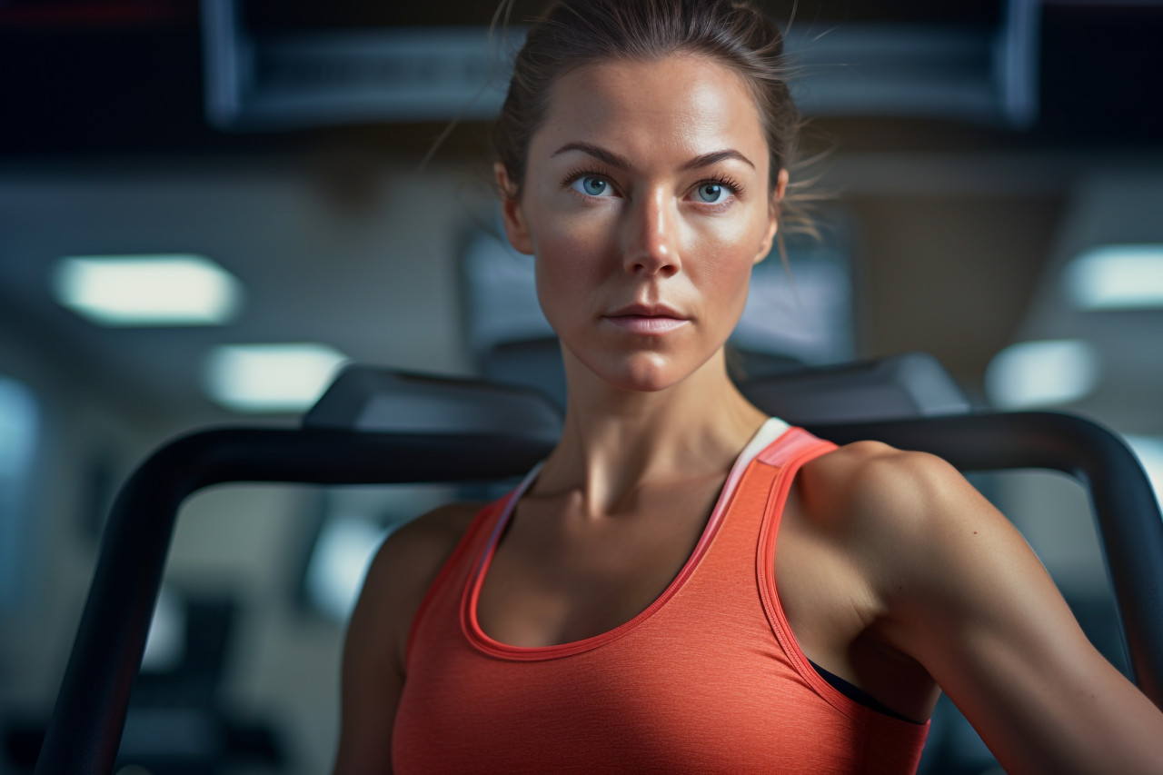A close up photo of a fit and attractive woman in a gym, indoor sports and leisure activities images