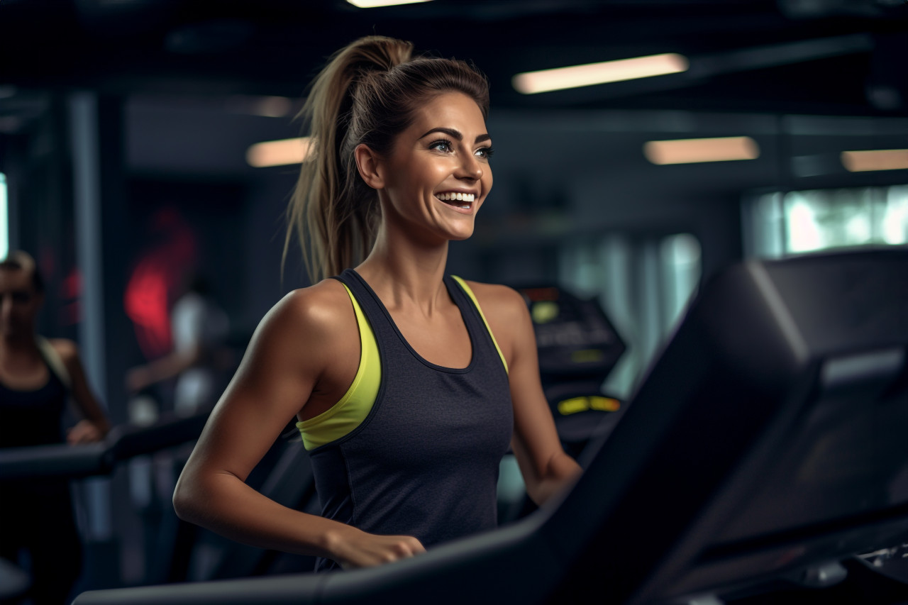 A picture of good looking people running on a treadmill, indoor sports and leisure activities images
