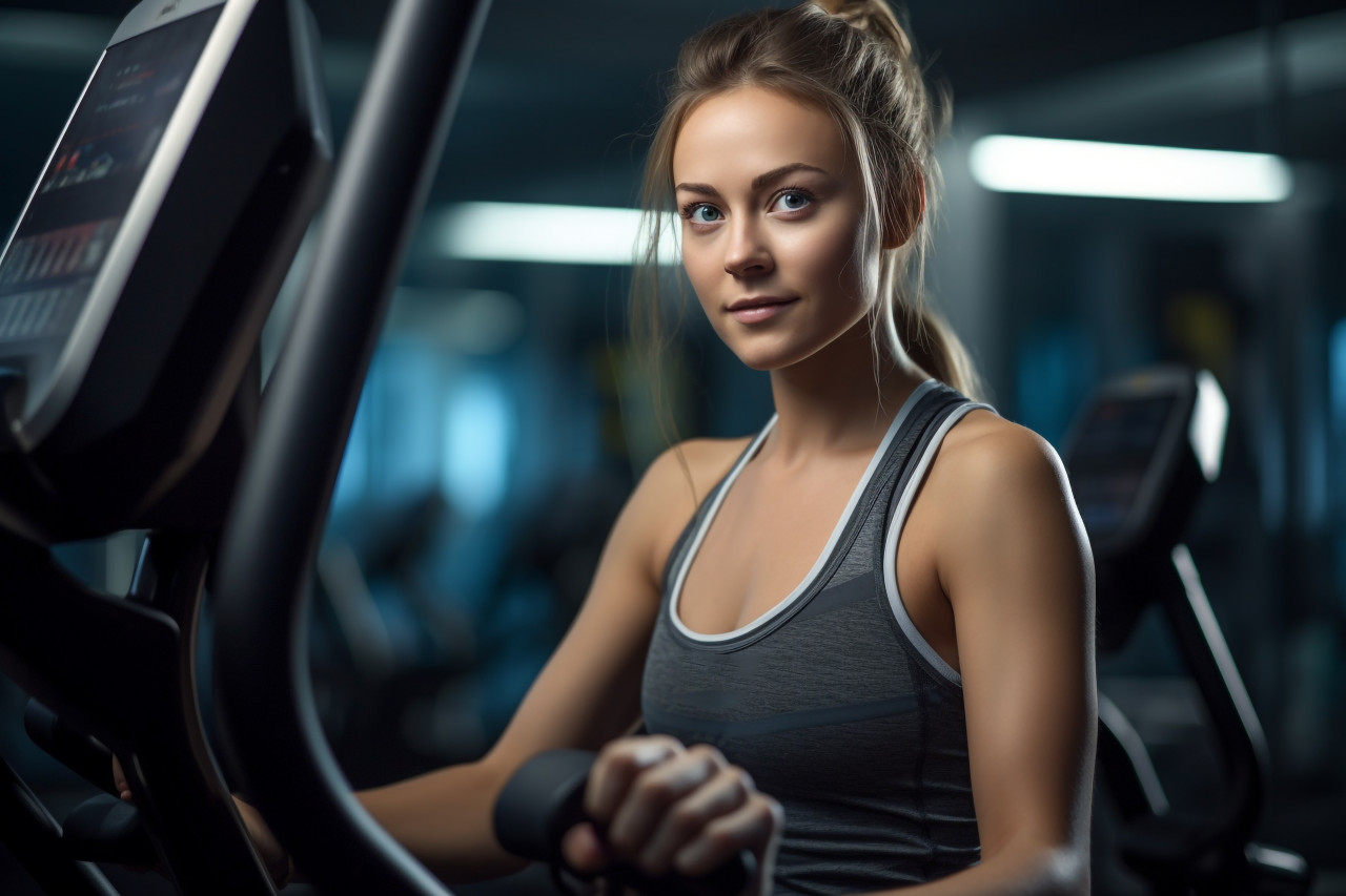 A photo of a beautiful young woman working out on special sports equipment in a gym, indoor sports and leisure activities images