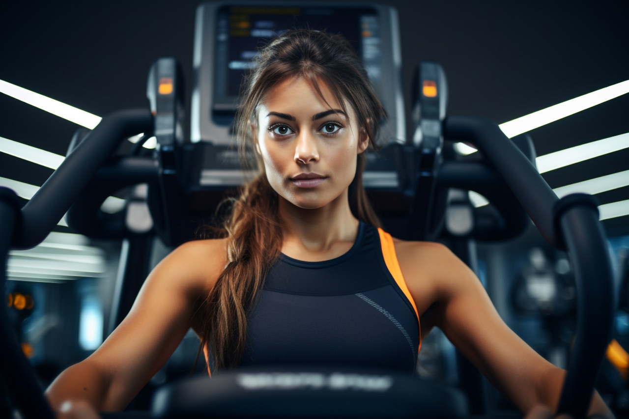 A photo of a beautiful young woman working out on special sports equipment in a gym, indoor sports and leisure activities images