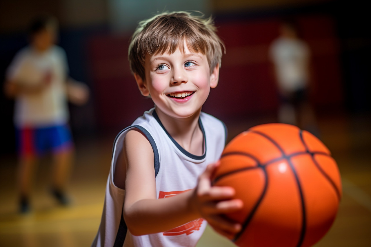A picture of a young boy playing basketball in a gym, indoor sports and leisure activities images